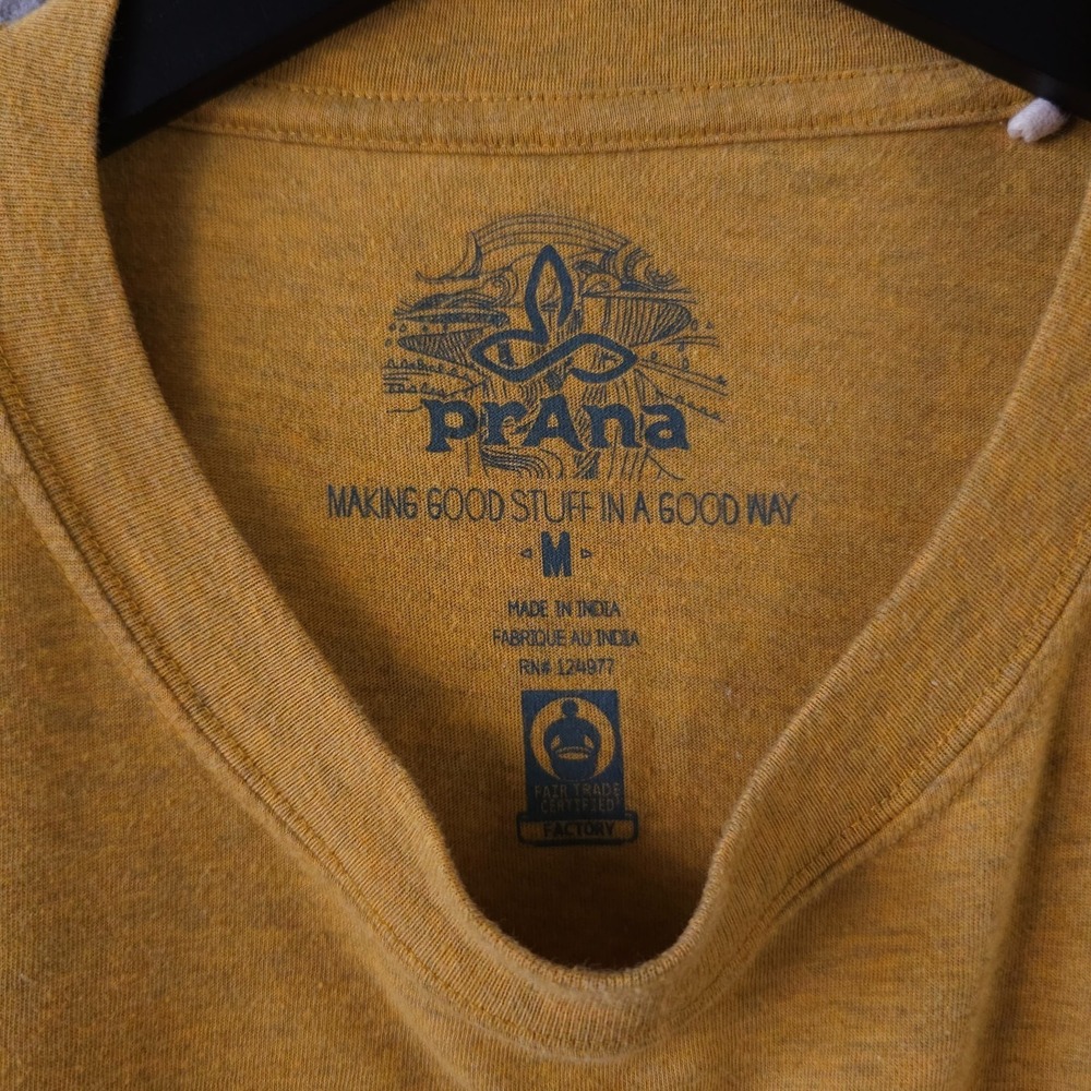 prAna Lock Tee Shirt Men Medium Yellow Crew Neck Graphic Hiking Outdoors Gorpore - Picture 4 of 12